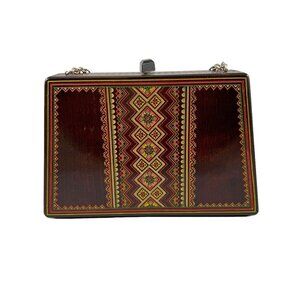 Carved Wooden Box Purse Chain Handles Fabric Lined Vintage Tiki Boho Hippie